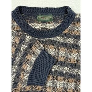 Hill & Archer VTG 90s‎ Sz XL Ramie Cotton Gray/ Tan Check Knit Sweater Old Money